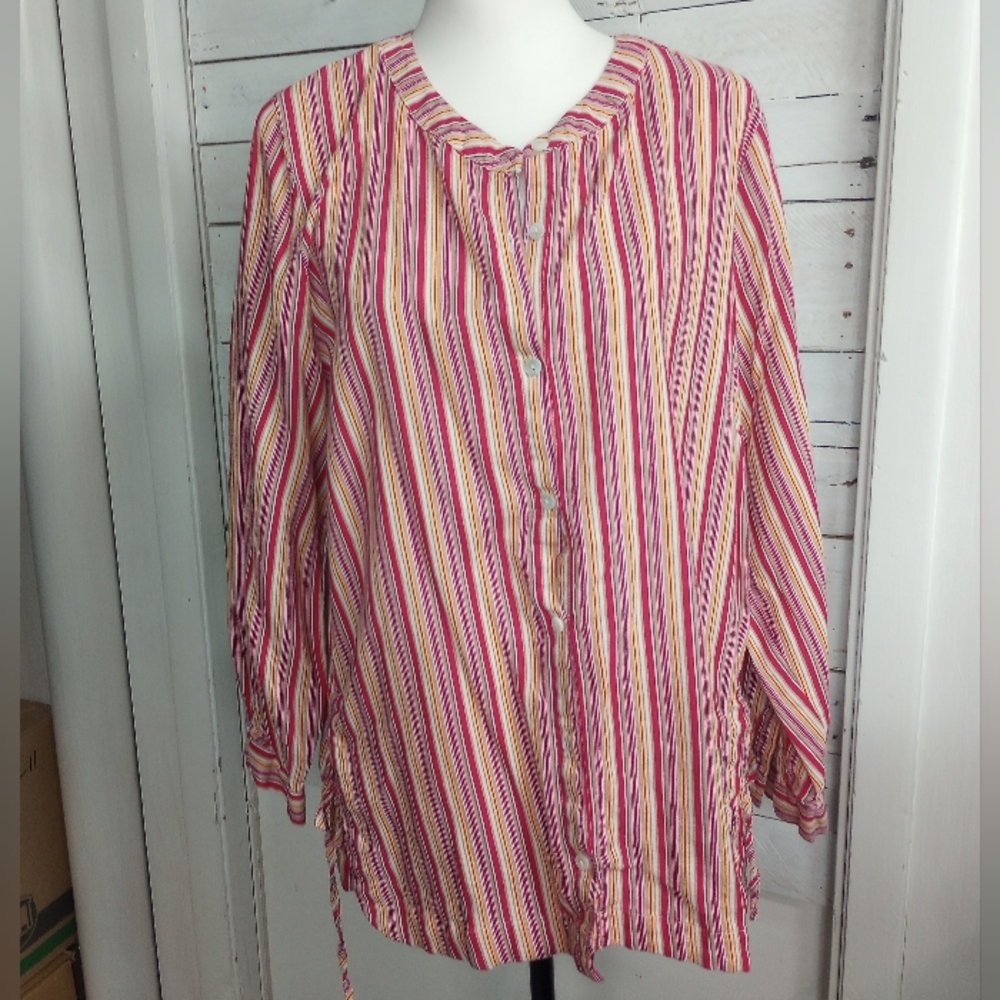 Saint Tropez West Linen Blend Tunic Blouse Size 1X Vneck Split Tie Sides Coastal
